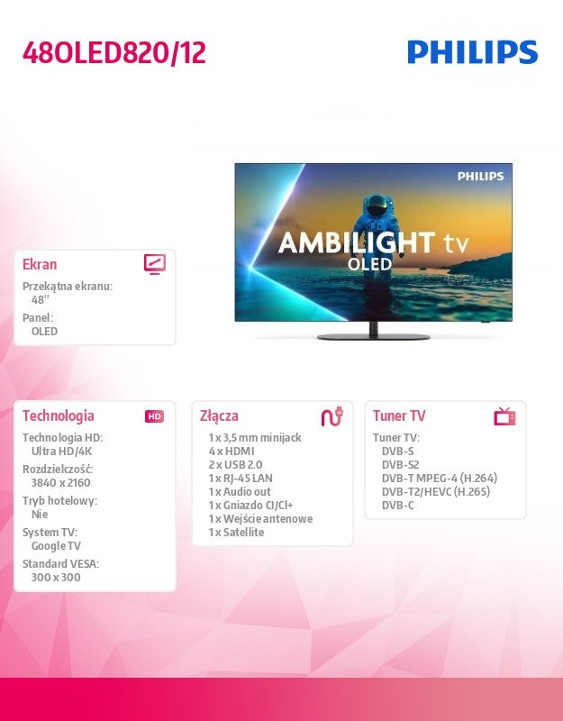 TV 48 cali OLED 48OLED820/12