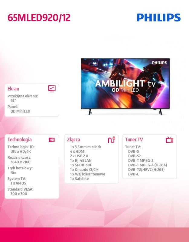 TV QD MiniLED 65 inches 65MLED920/12