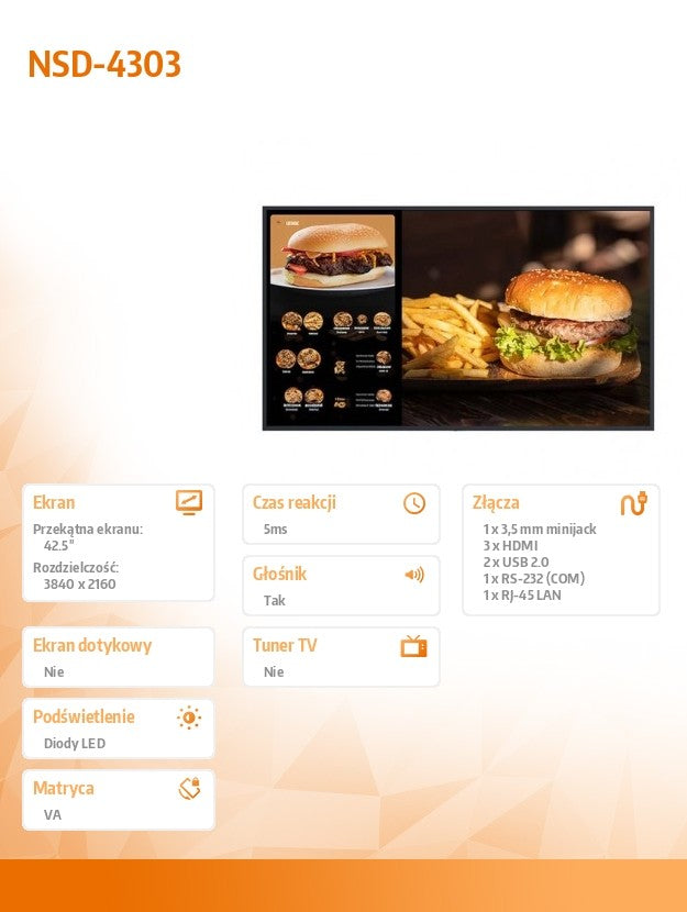 Monitor 43 cale NSD-4303 VA 4K UHD 3xHDMI 2xUSB2.0 1xRS-232 1xRJ-45LAN SPEAKERS ANDROID LANDSCAPE PORTRAIT 24/7