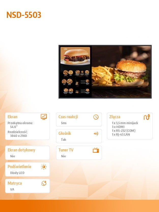 Monitor 55inch NSD-5503 4K UHD VA 500cd/m2 4000:1 3xHDMI WIFI LAN Android 9.0 Speakers + WALL MOUNT
