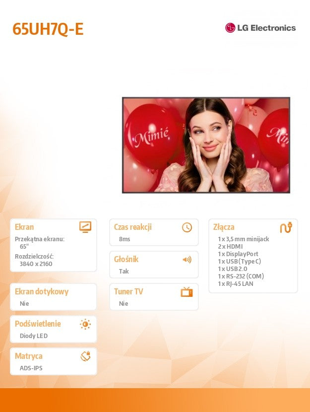 Large-format monitor 65 inches 65UH7Q-E, 700 cd/m2, UHD, 24/7 operation