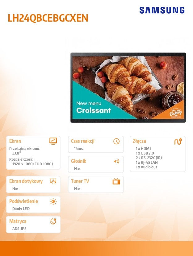 Professional monitor QB24C 24 inches Matte 16h/7 250(cd/m2) 1920x1080(FHD) S10 Player (Tizen 7, VXT Ready) WiFi/BT 3 years d2d (LH24QBCEBGCXEN)