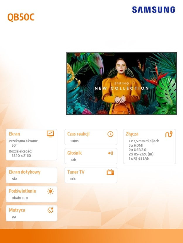 Monitor profesjonalny QB50C 50 cali Błyszczący 16h/7 350(cd/m2) 3840x2160 (UHD) S10 Player (Tizen 7, VXT Ready) WiFi/BT 3 lata On-Site (LH50QBCEBGCXEN