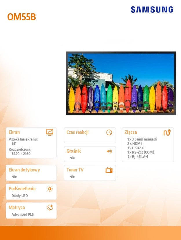 Monitor profesjonalny OM55B 55 cali Błyszczący 24h/7 3000(cd/m2) 3840x2160 (UHD) S7 Player (Tizen 5.0) Wi-Fi 3 lata On-Site (LH55OMNESGBXEN)