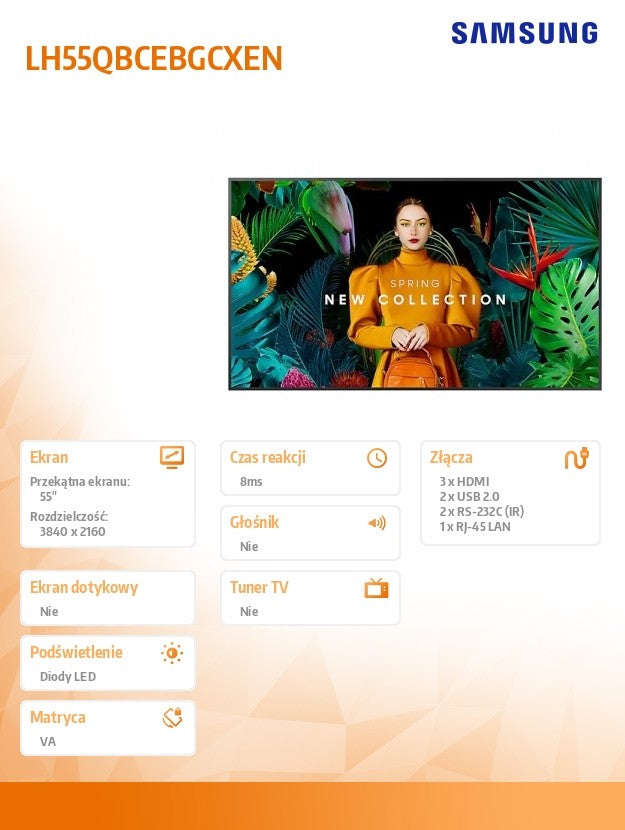 Professional monitor QB55C 55 inches Glossy 16h/7 350(cd/m2) 3840x2160 (UHD) S10 Player (Tizen 7, VXT Ready) WiFi/BT 3 years On-Site (LH55QBCEBGCXEN)