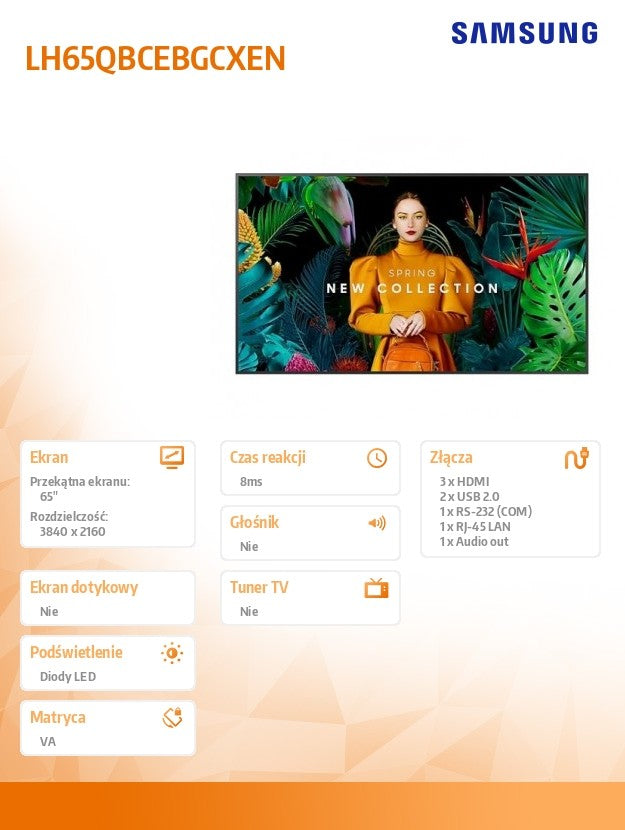 Professional monitor QB65C 65 inches gloss 16h/7 350(cd/m2) 3840x2160 (UHD) S10 Player (Tizen 7) WiFi/BT 3 years On-Site (LH65QBCEBGCXEN)