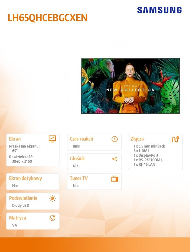 Professional monitor QH65C 65 inches Matte 24h/7,700(cd/m2) 3840 x 2160 (UHD) S10 Player (Tizen 7) WiFi/BT 3 years On-Site (LH65QHCEBGCXEN)