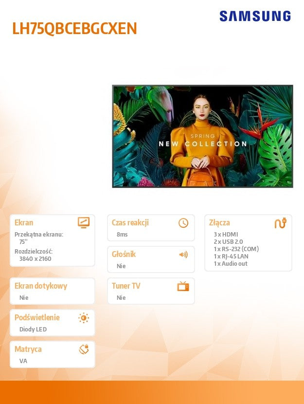 Professional monitor QB75C 75 inches Glossy 16h/7 350(cd/m2) 3840x2160 (UHD) S10 Player (Tizen 7) Wi-Fi/BT 3 years On-Site (LH75QBCEBGCXEN)