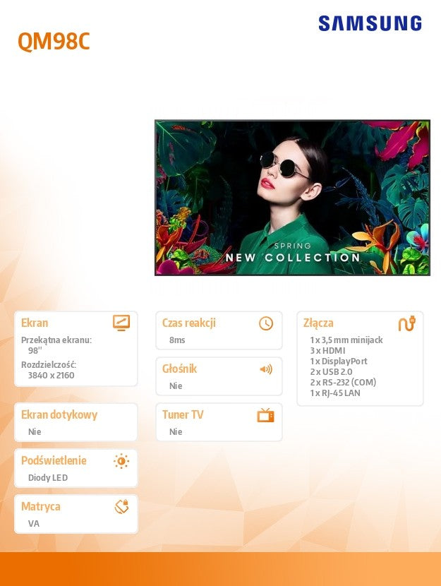 QM98C Professional Monitor 98 inches Matte 24h/7 500(cd/m2) 3840x2160 (UHD) S10 Player (Tizen 7) Wi-Fi/BT 3 years On-Site (LH98QMCEBGCXEN)