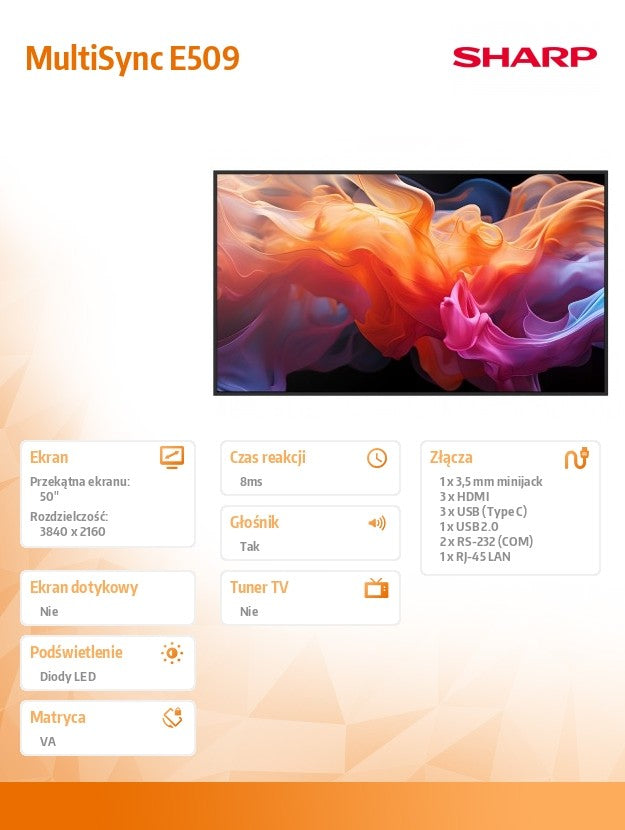 Monitor MultiSync E509 50 inches UHD 16/7 350cd/m2