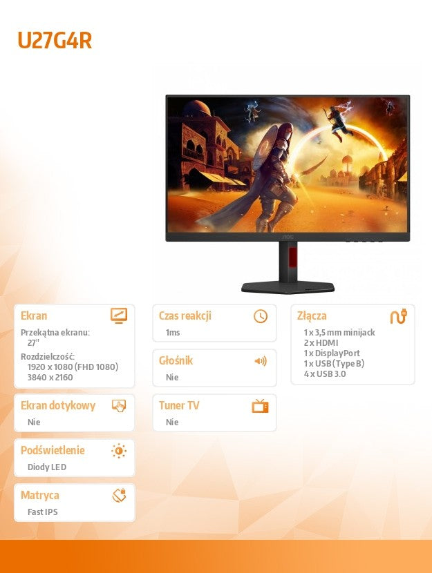 Monitor 27 inches U27G4R Fast IPS 4K 160Hz HDMI DP Pivot