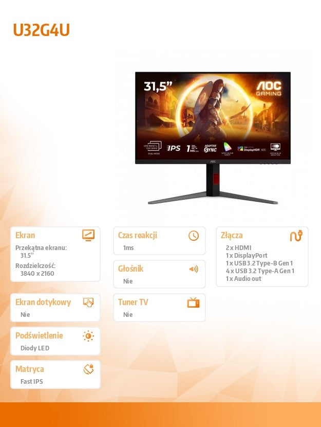 Monitor 31.5 inches U32G4U Fast IPS 4K 160Hz HDMIx2 DP