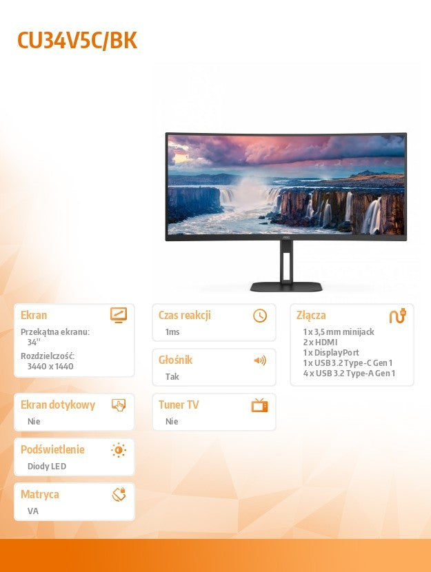 Monitor CU34V5C 34 inch Curved VA 100Hz HDMI DP USB-C