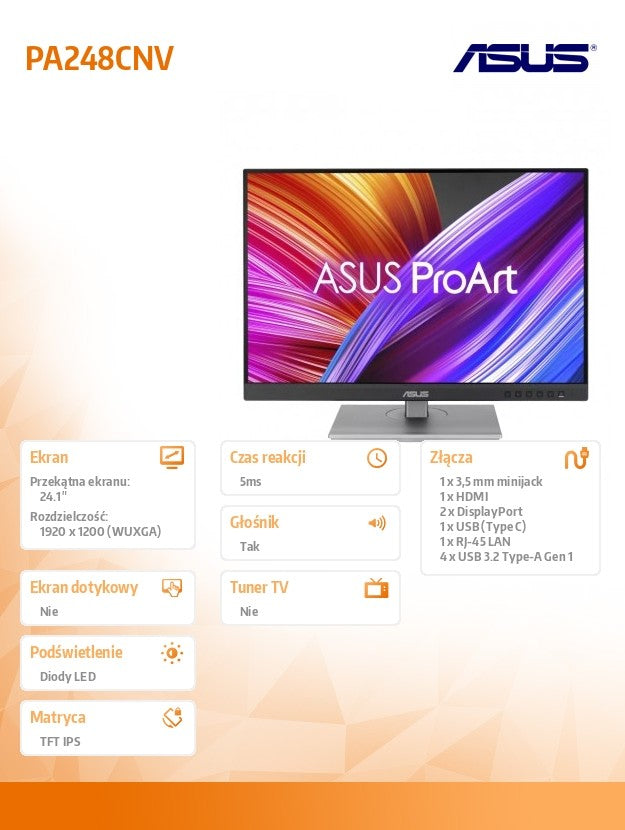 Monitor 24 inches PA248CNV IPS WUXGA sRGB 100% HDMI DPx2 RJ-45 USB3.0x4 USB-C SPEAKER 2x2w PIVOT