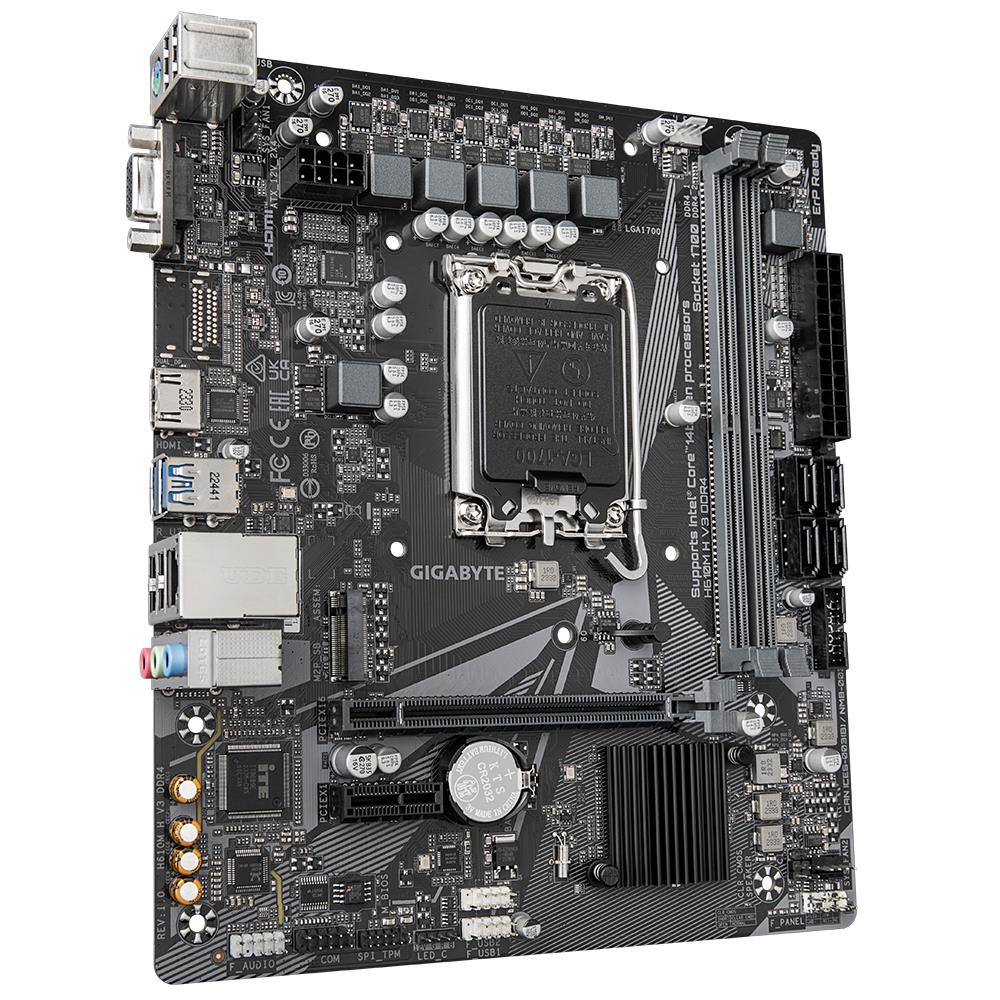 Mainboard GIGABYTE Intel H610 LGA1700 Micro-ATX Memory DDR4 Memory slots 2 1xPCI-Express 3.0 1x 1xPCI-Express 4.0 16x 1xM.2 1x15pin D-sub 1xHDMI 4xUSB 2.0 2xUSB 3.2 1xPS/2 1xRJ45 3xAudio port H610MHV3DDR4