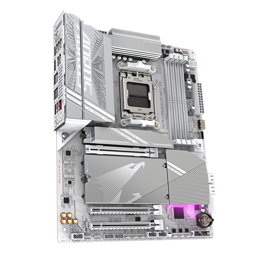 Mainboard GIGABYTE AMD X870 SAM5 ATX Memory DDR5 Memory slots 4 1xPCI-Express 3.0 2x 1xPCI-Express 4.0 4x 1xPCI-Express 5.0 16x 4xM.2 1xHDMI 4xUSB 2.0 6xUSB 3.2 2xUSB-C 1xOptical S/PDIF 1xRJ45 2xAudio port X870EAELITEWF7ICE1.2