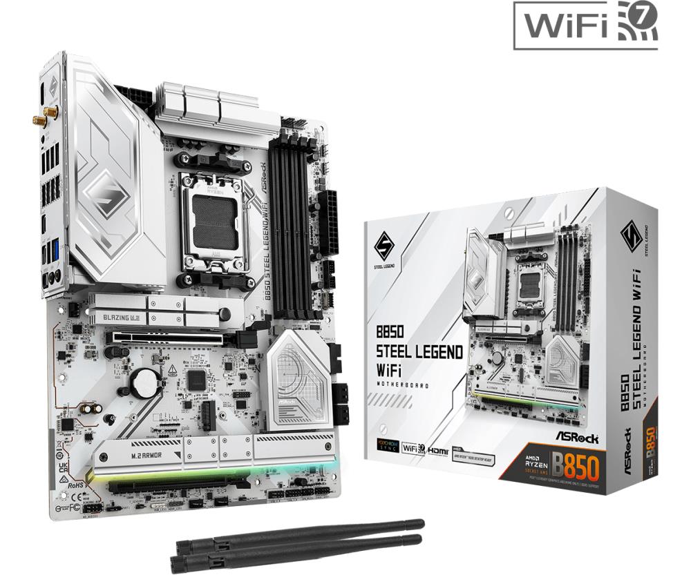 Mainboard ASROCK AMD B850 SAM5 ATX Memory DDR5 Memory slots 4 1xPCI-Express 4.0 16x 1xPCI-Express 5.0 16x 1xM.2 1xHDMI 1xAudio-In 1xAudio-Out 4xUSB 2.0 5xUSB 3.2 2xUSB-C 1xOptical S/PDIF 1xRJ45 B850STEELLEGENDWIFI
