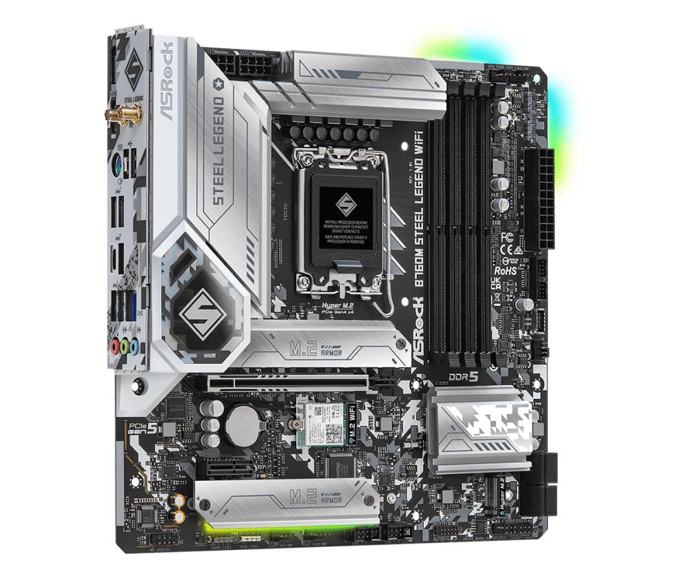 Mainboard ASROCK Intel B760 Express LGA1700 Micro-ATX Memory DDR5 Memory slots 4 1xPCI-Express 4.0 1x 1xPCI-Express 5.0 16x 4xM.2 1xHDMI 1xDisplayPort 2xUSB 2.0 5xUSB 3.2 1xUSB-C 1xPS/2 1xRJ45 3xAudio port B760MSTEELLEGENDWIFI