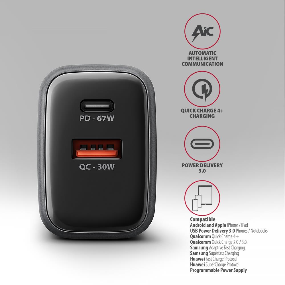 MOBILE CHARGER WALL USB 67W/GAN 2PORT ACU-PQ67D AXAGON