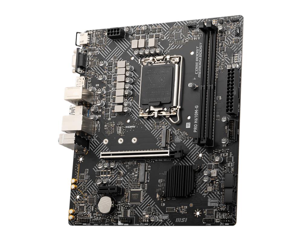 Mainboard MSI Intel H610 LGA1700 Micro-ATX Memory DDR5 Memory slots 2 1xPCI-Express 1x 1xPCI-Express 16x 1xM.2 1x15pin D-sub 1xHDMI 1xDisplayPort 4xUSB 2.0 2xUSB 3.2 1xPS/2 1xRJ45 3xAudio port PROH610M-GDDR5
