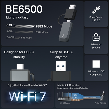 TP-LINK BE6500 Tri-Band Wi-Fi 7 Mini Wireless USB Adapter | Archer TBE400U | 2.4 GHz, 5 GHz, 6 GHz | 802.11ax | MU-MiMO 