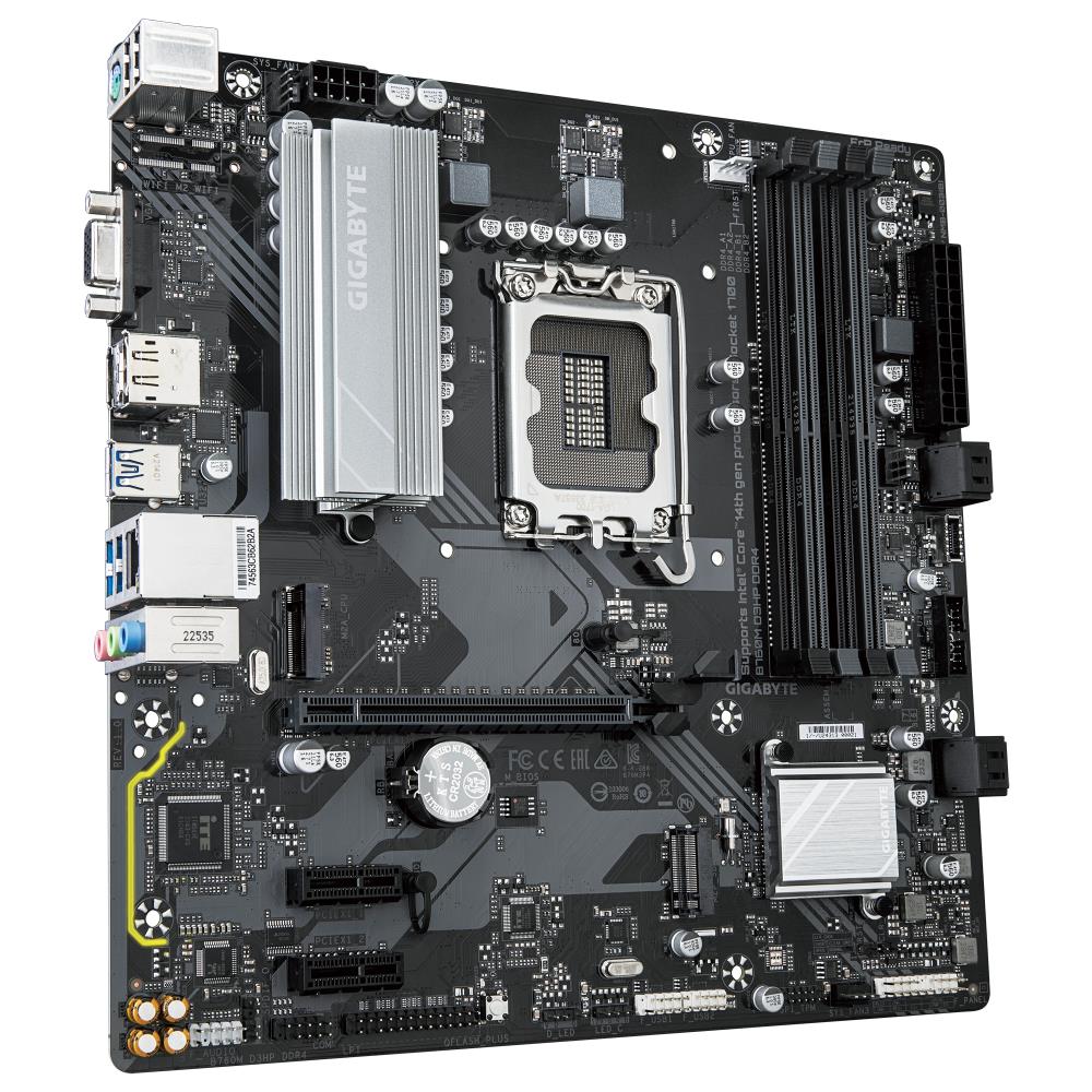 Mainboard GIGABYTE Intel B760 Express LGA1700 Micro-ATX Memory DDR4 Memory slots 4 2xPCI-Express 3.0 1x 1xPCI-Express 4.0 16x 2xM.2 1x15pin D-sub 1xHDMI 1xDisplayPort 6xUSB 2.0 5xUSB 3.2 1xUSB-C 1xPS/2 1xRJ45 3xAudio port B760MD3HPDDR4