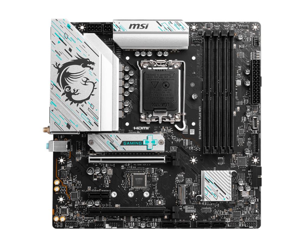 Mainboard MSI Intel B760 Express LGA1700 Micro-ATX Memory DDR5 Memory slots 4 1xPCI-Express 3.0 1x 1xPCI-Express 4.0 4x 1xPCI-Express 4.0 16x 2xM.2 2xHDMI 2xDisplayPort 2xUSB 2.0 4xUSB 3.2 1xPS/2 1xRJ45 3xAudio port B760MGAMINGPLUSWIFI