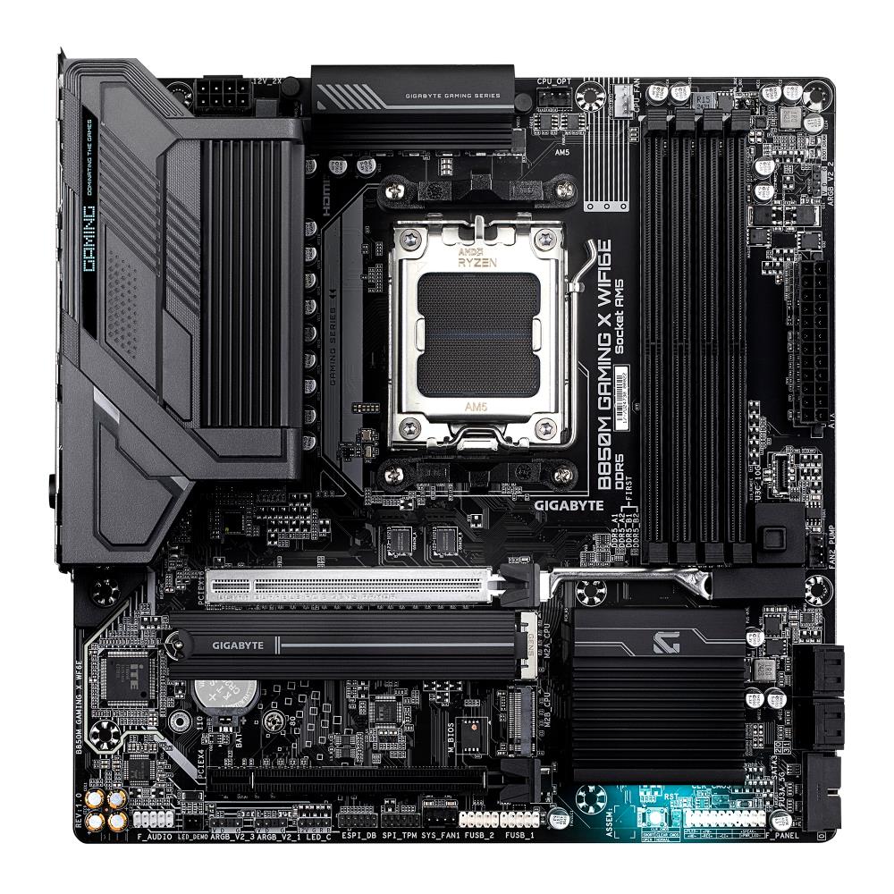 Mainboard GIGABYTE AMD B850 SAM5 Micro-ATX Memory DDR5 Memory slots 4 1xPCI-Express 3.0 4x 1xPCI-Express 5.0 16x 2xM.2 1xHDMI 2xDisplayPort 4xUSB 2.0 2xUSB 3.2 type B 1xUSB 3.2 1xUSB-C 1xPS/2 1xRJ45 3xAudio port B850MGAMINGXWF6E
