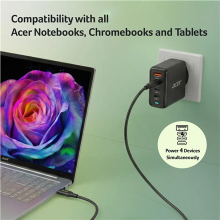 Acer 100W PD GaN Charger, 3 x USB C and 1 x USB A, EU Plug, 100W USB-C cable, Black, Retail Pack