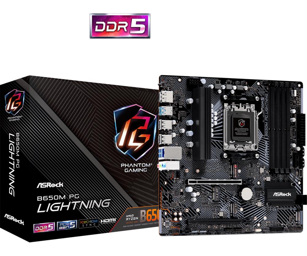 Mainboard ASROCK AMD B650 SAM5 Micro-ATX Memory DDR5 Memory slots 4 1xPCI-Express 3.0 16x 1xPCI-Express 4.0 16x 3xM.2 1xHDMI 1xDisplayPort 4xUSB 2.0 3xUSB 3.2 1xUSB-C 1xRJ45 3xAudio port B650MPGLIGHTNING