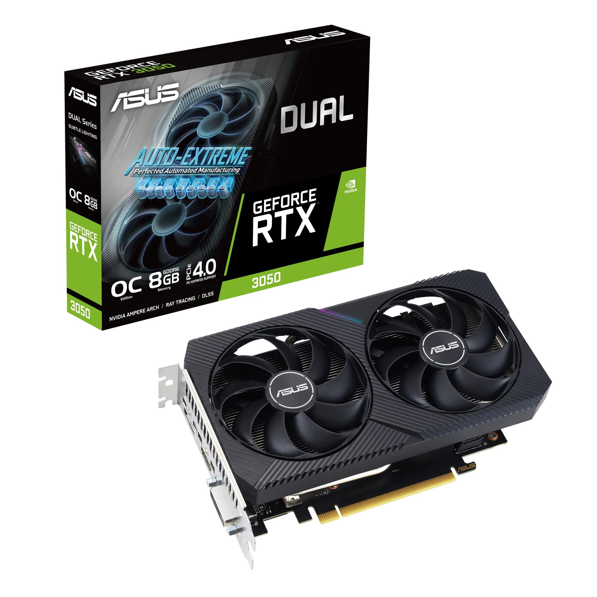 Graphics Card ASUS NVIDIA GeForce RTX 3050 8 GB GDDR6 128 bit PCIE 4.0 16x Dual Slot Fansink 1xDVI-D 1xHDMI 1xDisplayPort DUAL-RTX3050-O8G-V2