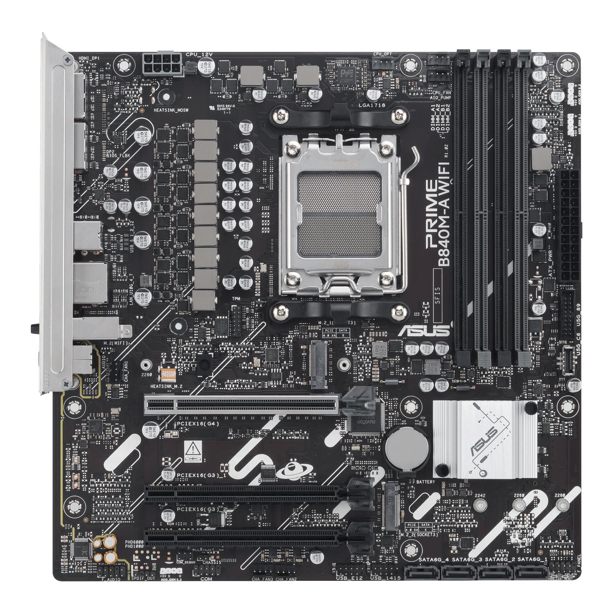 Mainboard ASUS AMD B840 SAM5 Micro-ATX Memory DDR5 Memory slots 4 2xPCI-Express 3.0 16x 1xPCI-Express 4.0 16x 3xM.2 1xHDMI 2xDisplayPort 4xUSB 2.0 2xUSB 3.2 1xUSB-C 1xRJ45 3xAudio port PRIMEB840M-AWIFI