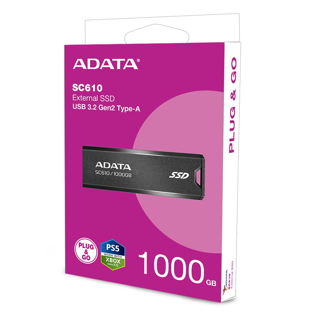 External SSD ADATA SC610 1TB USB 3.2 Write speed 500 MBytes/sec Read speed 550 MBytes/sec SC610-1000G-CBK/RD