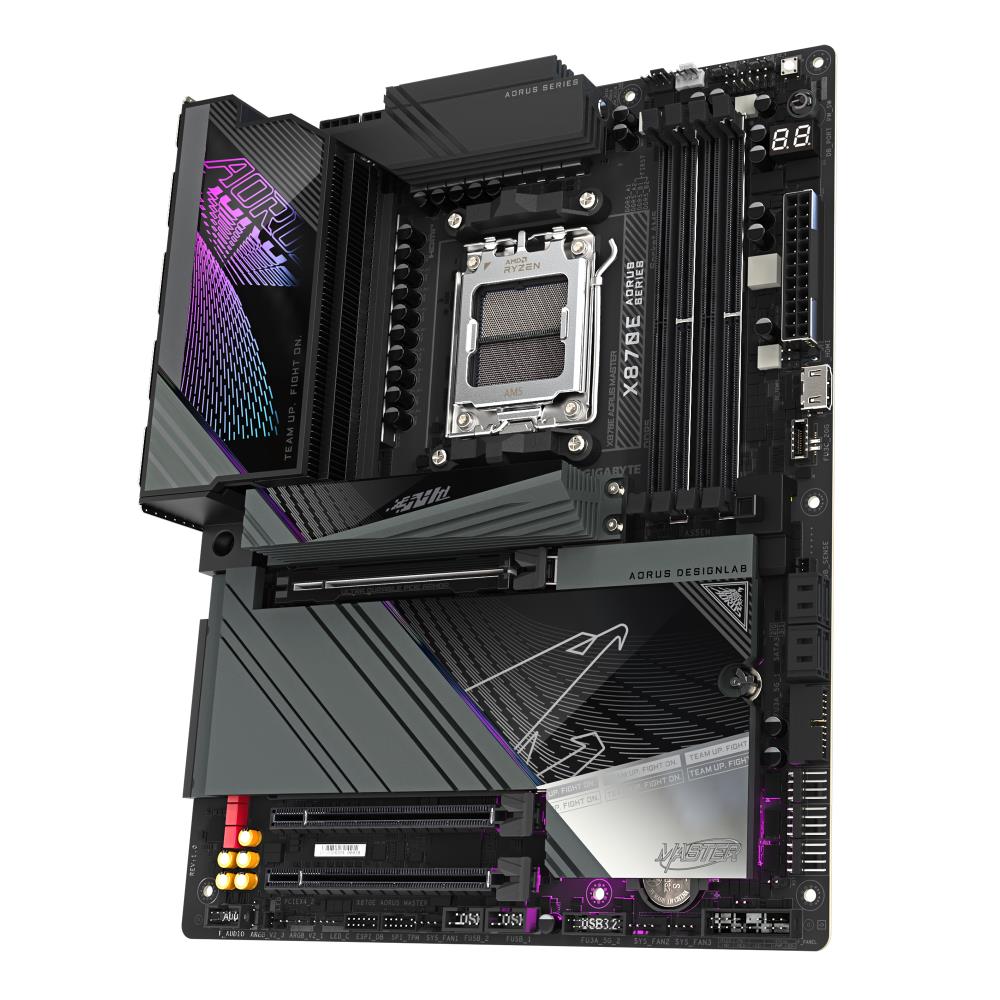 Mainboard GIGABYTE AMD X870E SAM5 ATX Memory DDR5 Memory slots 4 1xPCI-Express 3.0 4x 1xPCI-Express 4.0 4x 1xPCI-Express 5.0 16x 4xM.2 1xHDMI 2xUSB 2.0 8xUSB 3.2 2xUSB-C 1xOptical S/PDIF 1xRJ45 2xAudio port X870EAORUSMASTER