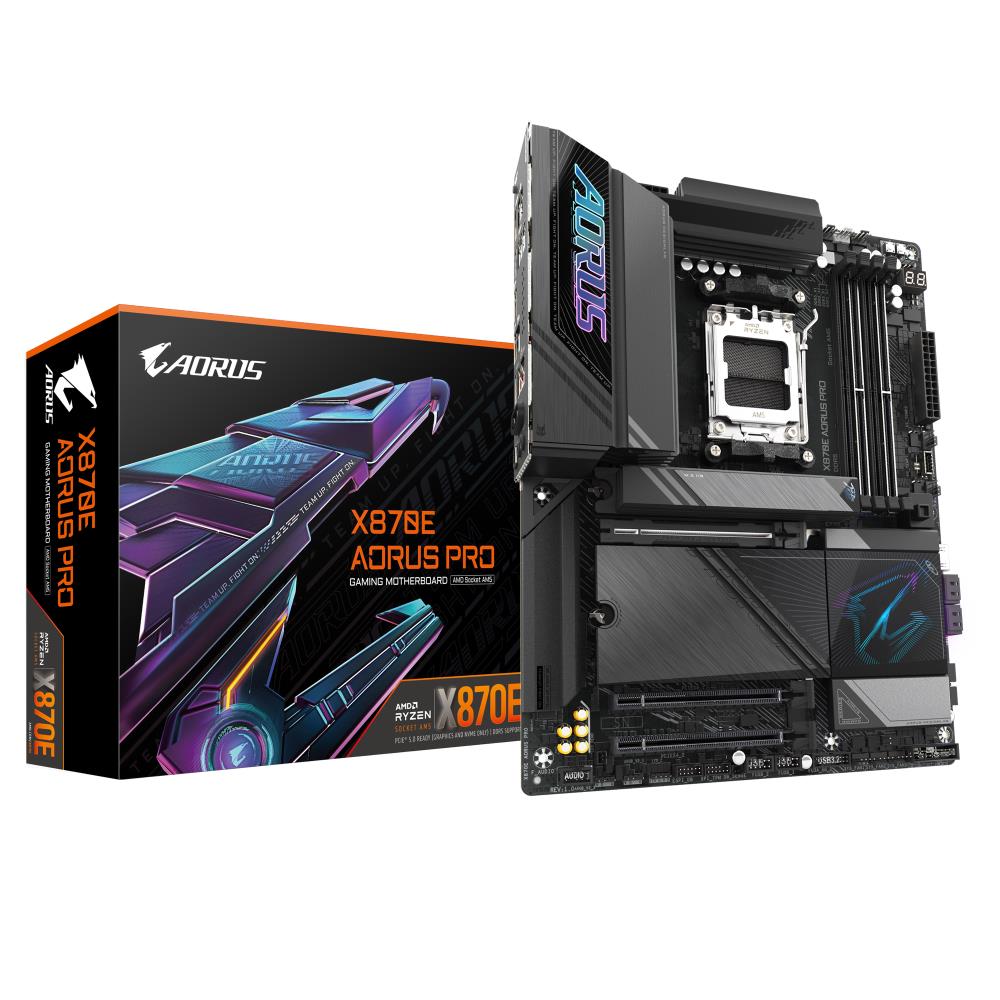 Mainboard GIGABYTE AMD X870E SAM5 ATX Memory DDR5 Memory slots 4 1xPCI-Express 3.0 4x 1xPCI-Express 4.0 4x 1xPCI-Express 5.0 16x 4xM.2 1xHDMI 2xUSB 2.0 7xUSB 3.2 2xUSB-C 1xOptical S/PDIF 1xRJ45 2xAudio port X870EAORUSPRO