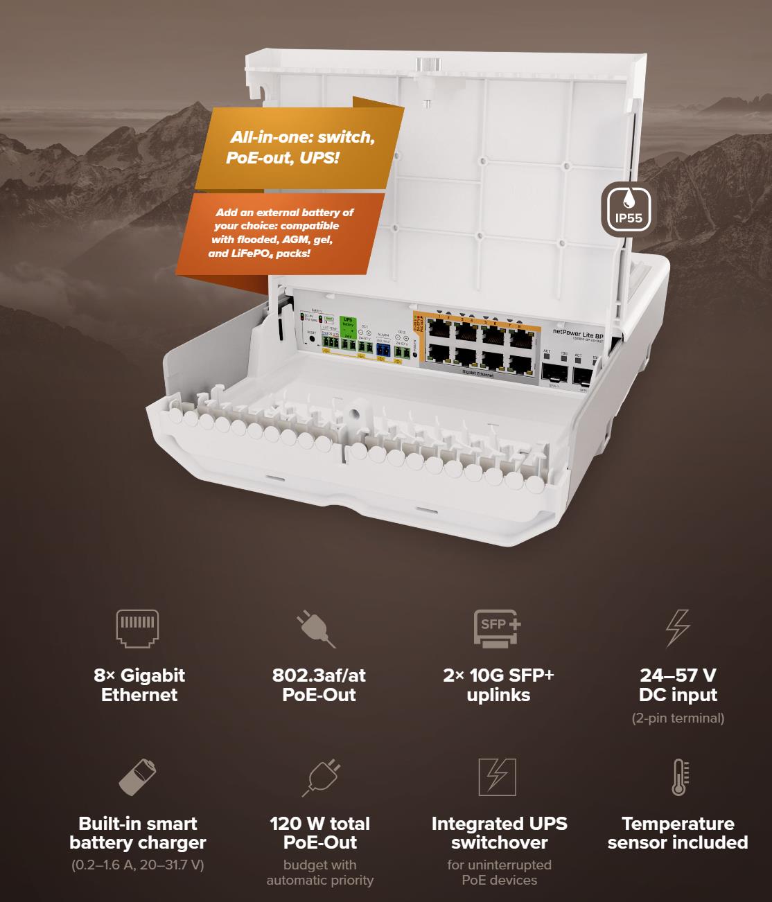Switch MIKROTIK netPower Lite 8P PoE ports 8 120 Watts CSS610-8P-2S+OUT