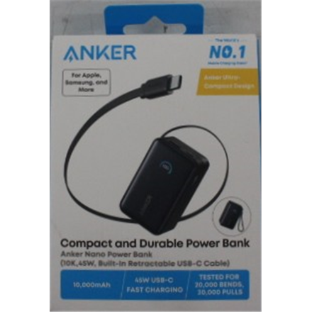 SALE OUT. | Anker Nano Power Bank 45W with Built-In Retractable USB-C Cable | A1638H11 | 10000 mAh | Black | DEMO