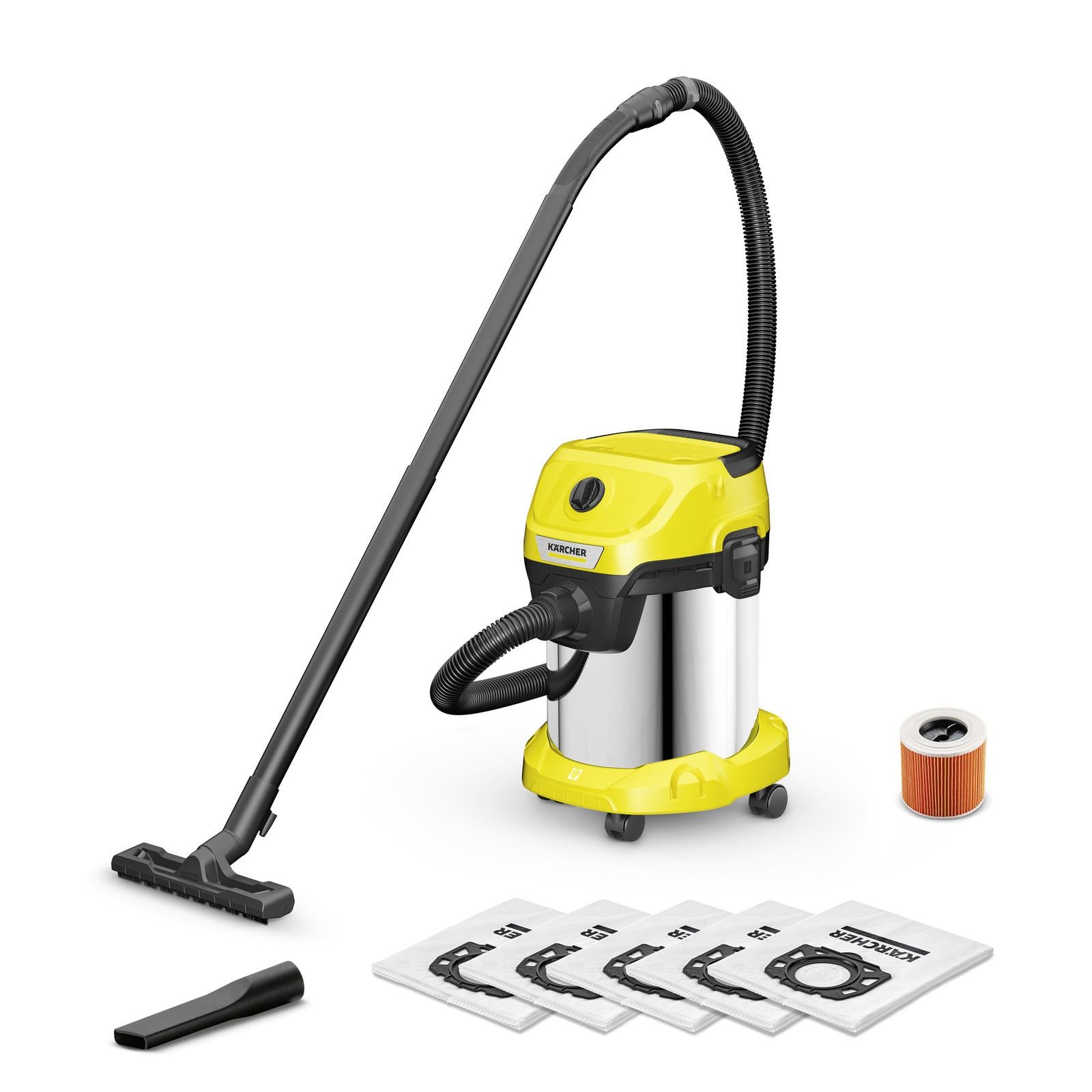 Vacuum Cleaner KARCHER Wet and dry vacuum cleaner WD 3 S V-17/4/20 + 4 FB 1000 Watts Suction power 230W Capacity 17 l Noise 74 dB Yellow Weight 4.8 kg 1.628-152.0
