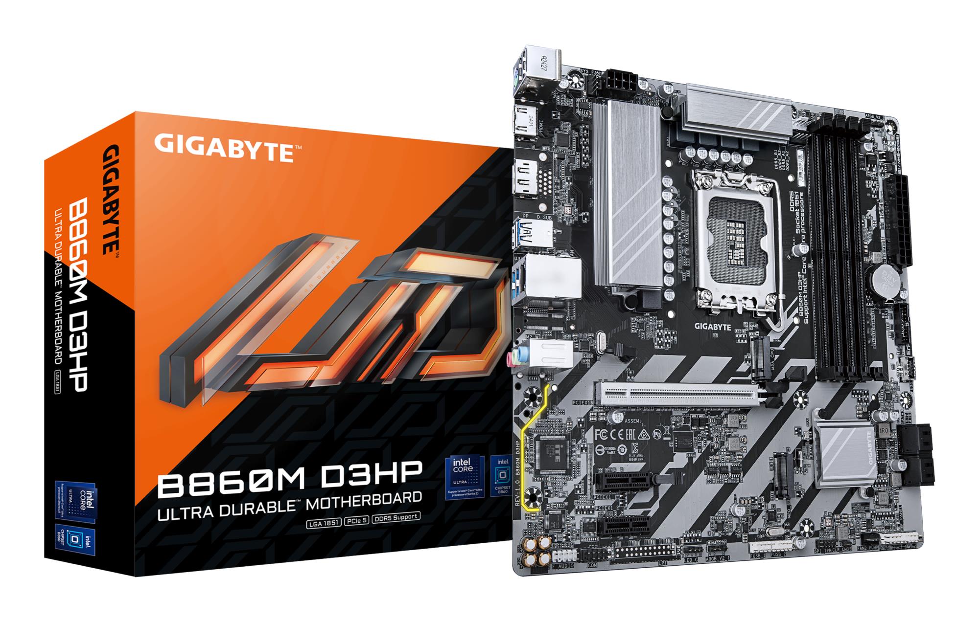 Mainboard GIGABYTE Intel B860 Express LGA1851 Micro-ATX Memory DDR5 Memory slots 4 2xPCI-Express 1x 1xPCI-Express 16x 2xM.2 1xHDMI 1xDisplayPort 1xAudio-In 1xAudio-Out 1xMicrophone 3xUSB 2.0 3xUSB 3.2 1xPS/2 1xRJ45 B860MD3HP1.0