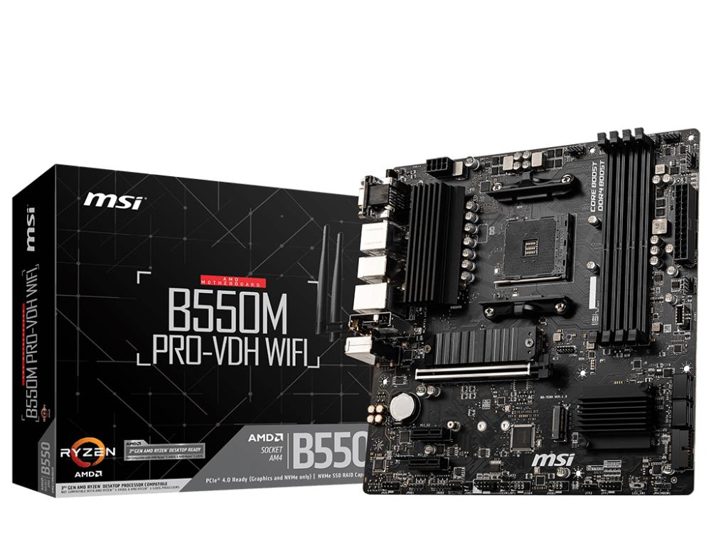 Mainboard MSI AMD B550 SAM4 MicroATX 2xPCI-Express 3.0 1x 2xM.2 1xPCI-Express 4.0 16x Memory DDR4 Memory slots 4 1x15pin D-sub 1xHDMI 1xDisplayPort 2xUSB 2.0 4xUSB 3.2 1xPS/2 1xRJ45 3xAudio port B550MPRO-VDHWIFI