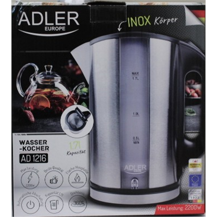 SALE OUT. Adler AD 1216 Cordless Water Kettle, 1.7L, 2000W, Filter, Boil-dry protection, Rotary base 360 degree, Illumin