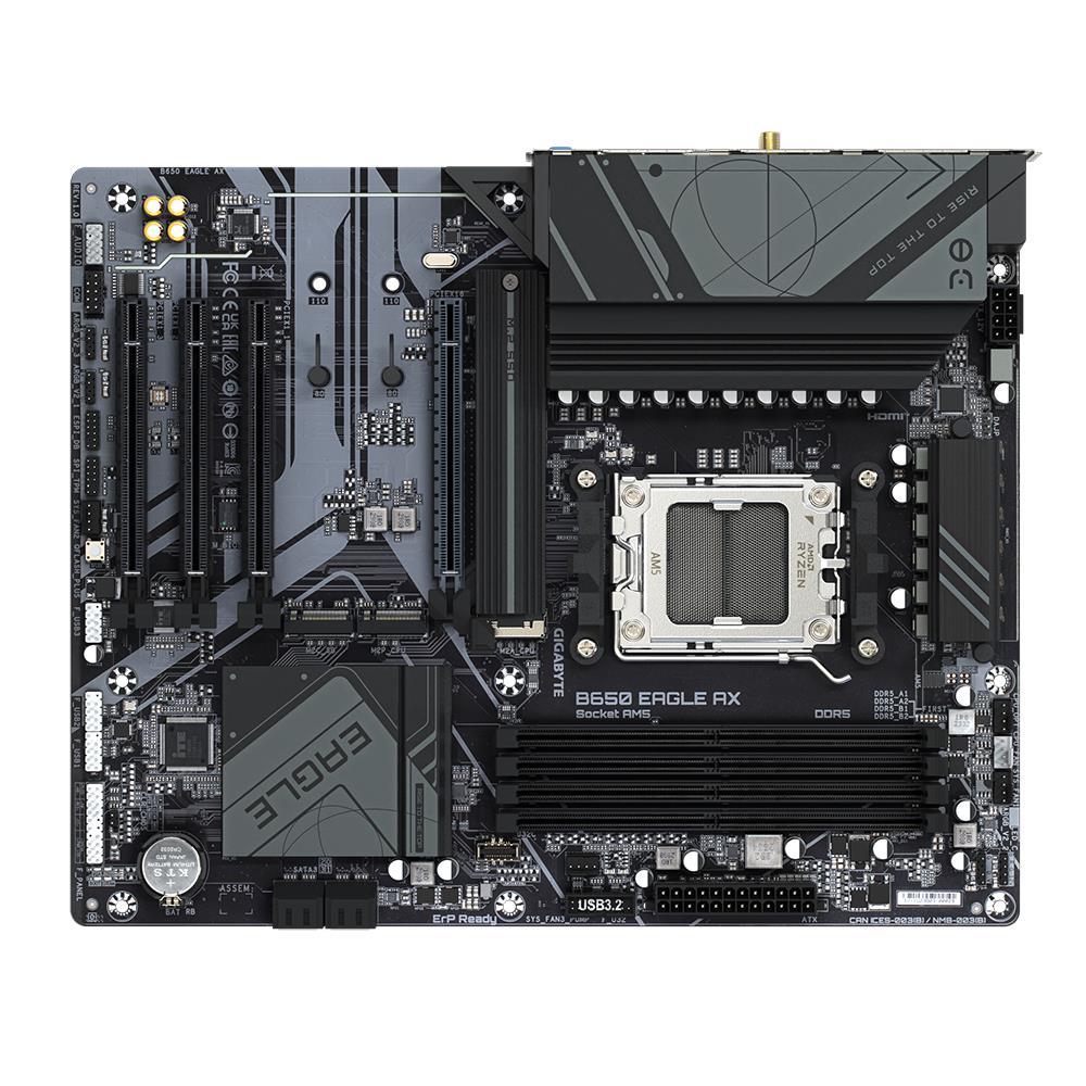 Mainboard GIGABYTE AMD B650 SAM5 ATX Memory DDR5 Memory slots 4 1xPCI-Express 16x 3xPCI-Express 3.0 16x 3xM.2 2xHDMI 1xDisplayPort 6xUSB 2.0 2xUSB 3.2 1xUSB-C 1xRJ45 3xAudio port B650EAGLEAX1.1