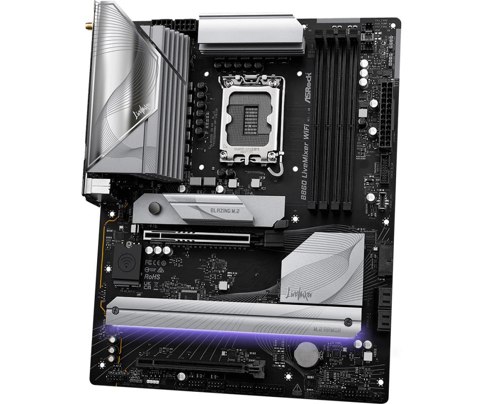 Mainboard ASROCK Intel B860 Express LGA1851 ATX Memory DDR5 Memory slots 4 1xPCI-Express 4.0 16x 1xPCI-Express 5.0 16x 1xM.2 1xHDMI 1xAudio-Out 1xMicrophone 6xUSB 2.0 6xUSB 3.2 1xUSB-C w/Thunderbolt 1xOptical S/PDIF 1xRJ45 B860LIVEMIXERWIFI