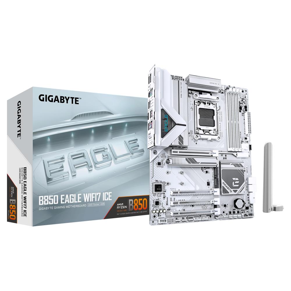 Mainboard GIGABYTE AMD B850 SAM5 ATX Memory DDR5 Memory slots 4 2xPCI-Express 3.0 1x 1xPCI-Express 4.0 4x 1xPCI-Express 5.0 16x 3xM.2 1xHDMI 1xDisplayPort 4xUSB 2.0 4xUSB 3.2 1xUSB-C 1xPS/2 1xRJ45 3xAudio port B850EAGLEWF7ICE