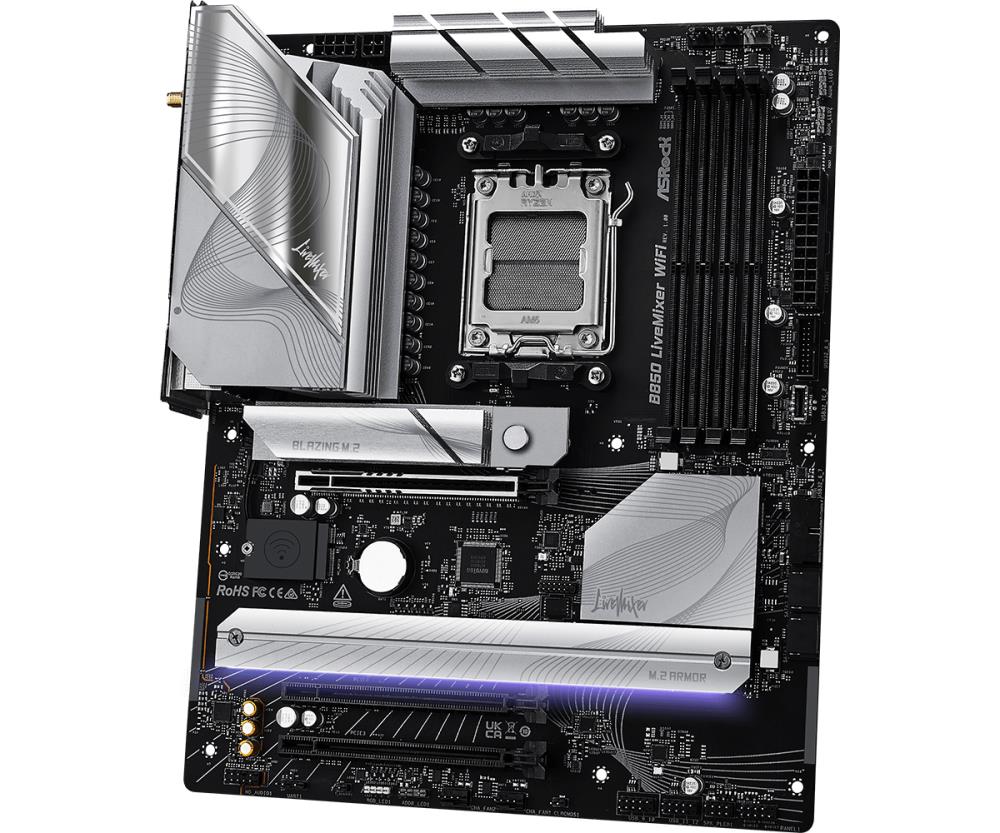 Mainboard ASROCK AMD B850 SAM5 ATX Memory DDR5 Memory slots 4 2xPCI-Express 4.0 16x 1xPCI-Express 5.0 16x 1xM.2 1xHDMI 1xDisplayPort 1xAudio-In 1xAudio-Out 2xUSB 2.0 1xUSB-C 1xOptical S/PDIF 1xRJ45 B850LIVEMIXERWIFI