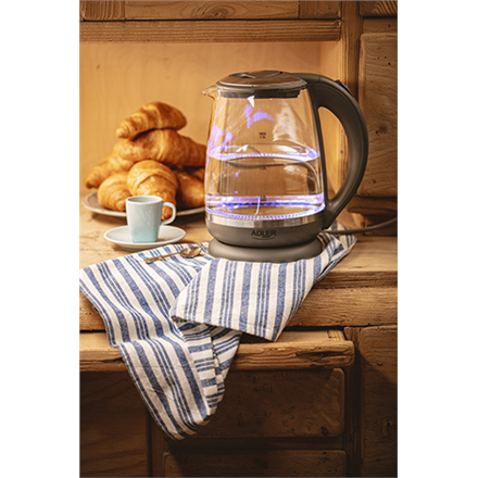 Adler | Kettle | AD 1286 | Standard | 2200 W | 2 L | Plastic/Glass | 360° rotational base | Grey