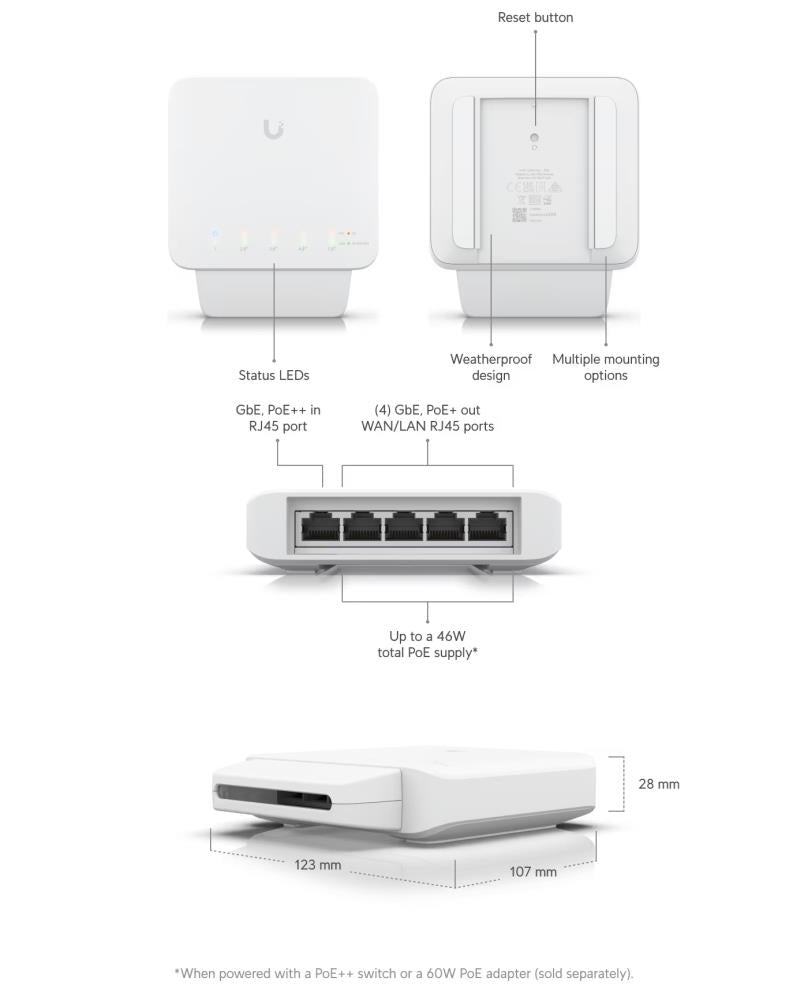 Switch UBIQUITI USW-FLEX 5x10Base-T / 100Base-TX / 1000Base-T PoE ports 5 15.4 Watts USW-FLEX