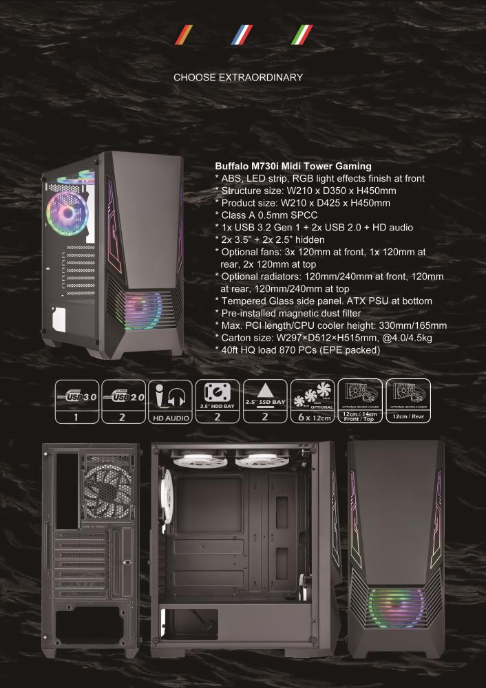 Case GOLDEN TIGER Supported motherboard form factors ATX/micro ATX Black Midi Tower Buffalo M730i BUFFALOM730I