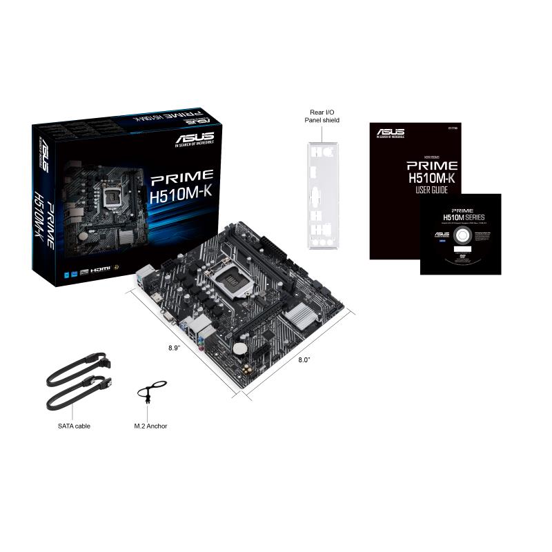 Mainboard ASUS Intel H510 LGA1200 MicroATX 1xPCI-Express 3.0 1x 1xPCI-Express 4.0 16x 1xM.2 Memory DDR4 Memory slots 2 1x15pin D-sub 1xHDMI 2xAudio-In 1xAudio-Out 4xUSB 2.0 2xUSB 3.2 1xPS/2 1xRJ45 PRIMEH510M-K