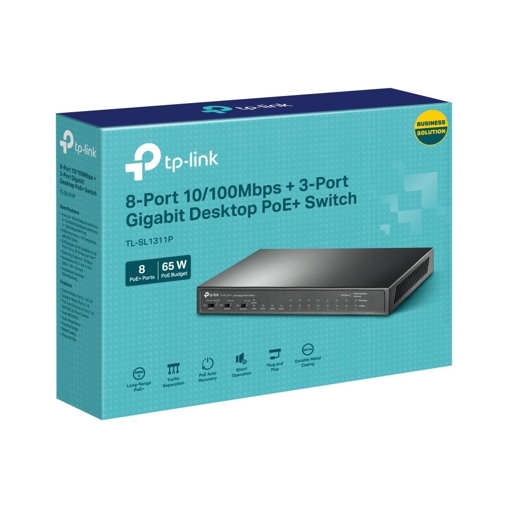 Switch TP-LINK Desktop/pedestal 8x10Base-T / 100Base-TX 1xSFP 2xRJ45 PoE+ ports 8 65 Watts TL-SL1311P